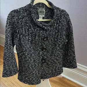 Curio Black and White Women's Sweater 3/4 sleeve, snap front, detail on back